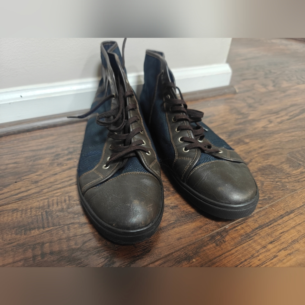 LOUIS VUITTON Brown/Blue Damier Ebene Canvas&Leather High Top Sneakers, Size 9.5 - Picture 3 of 8